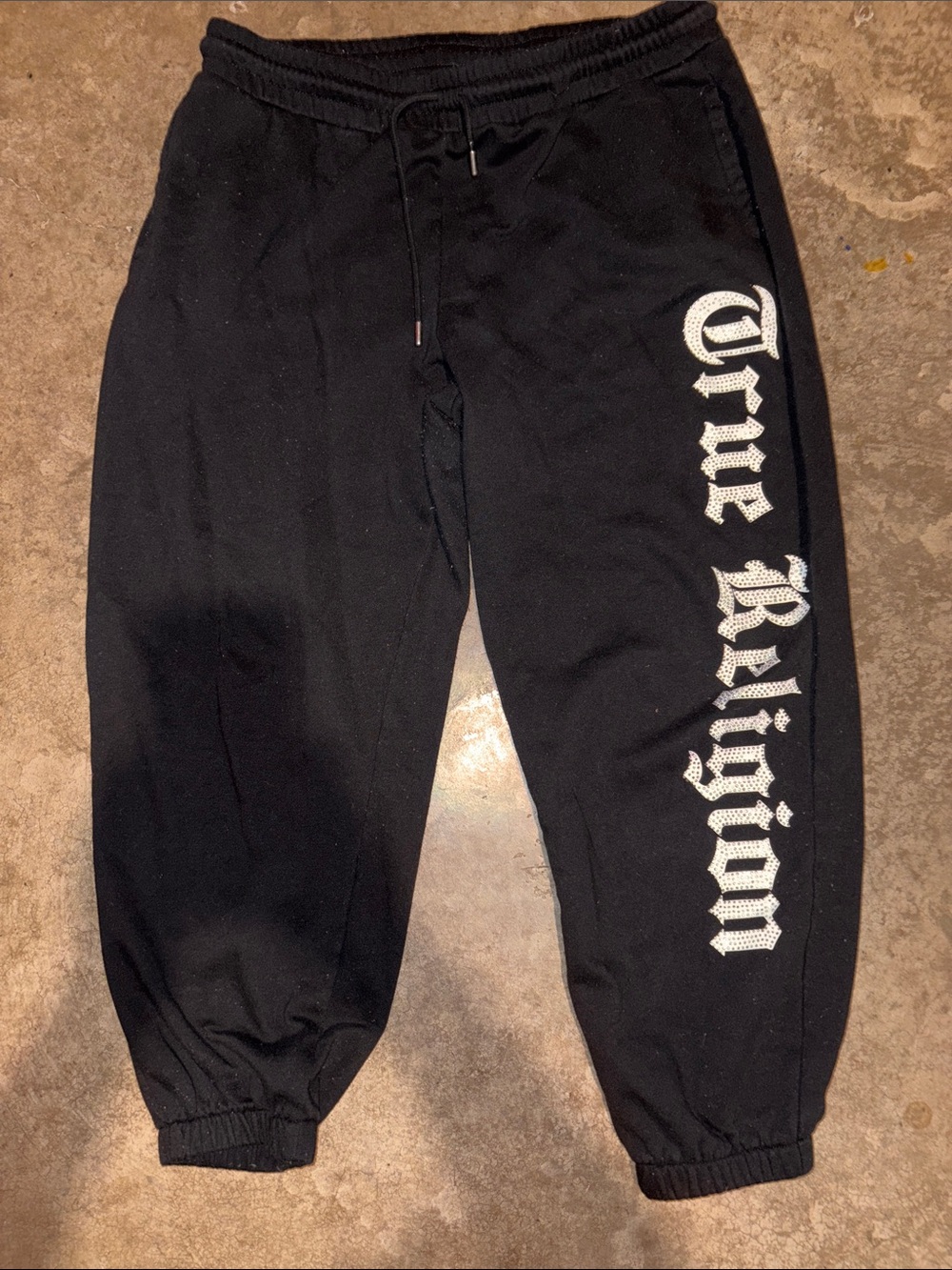 True Religion Black Sweatpants with White Rhinestone Logo